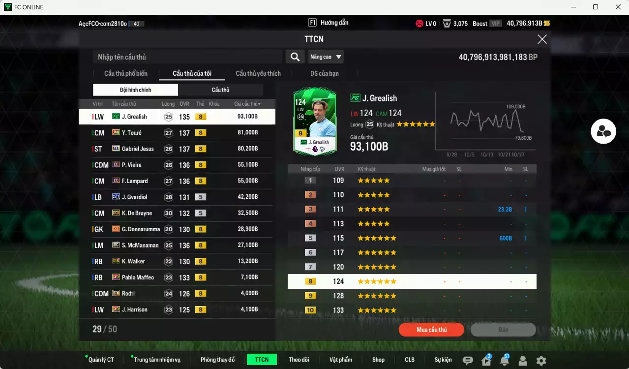 Ảnh [ACC Rẻ🔥] Man City 524.280b dư 39.000b có Grealish FC, Touré JNM, Jesus MDL, Vieira CC, Lampard CC, Gvardiol 25TY, De Bruyne DCB, McManaman DC, Walker BTB, Rodri RTN...