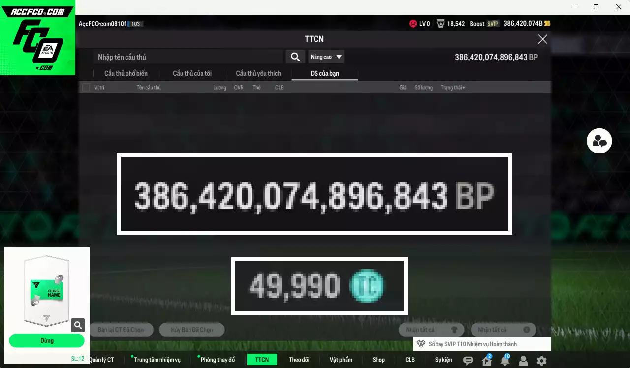 ACC 386420b trắng, có thẻ đổi tên. Dư 49.000TC