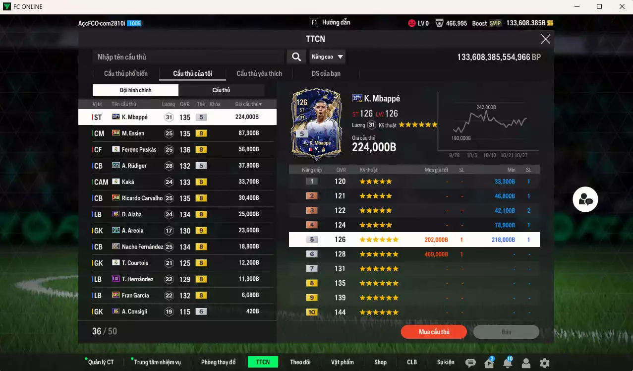 Ảnh [ACC Rẻ🔥] Real Madrid 570.410b dư 133.000b có Mbappé 25TS, Essien JNM, Puskás RMA, Rudiger 25TS, Kaká RMA, Carvalho JNM, Alaba HG, Areola SPL+9, Nacho DC, Courtois RMA... Gần full bảng đào tạo chiến thuật, dư 28.000TC, HLV Xịn