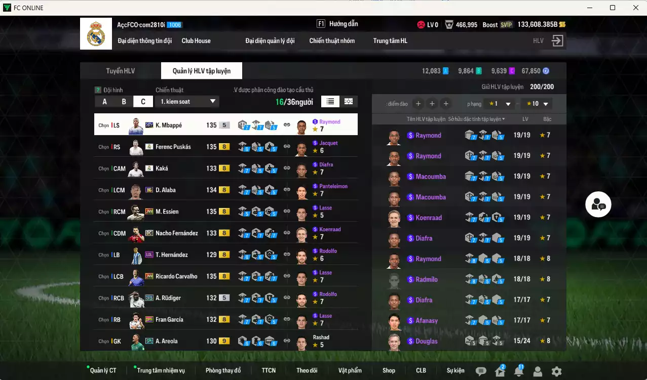 Ảnh [ACC Rẻ🔥] Real Madrid 570.410b dư 133.000b có Mbappé 25TS, Essien JNM, Puskás RMA, Rudiger 25TS, Kaká RMA, Carvalho JNM, Alaba HG, Areola SPL+9, Nacho DC, Courtois RMA... Gần full bảng đào tạo chiến thuật, dư 28.000TC, HLV Xịn