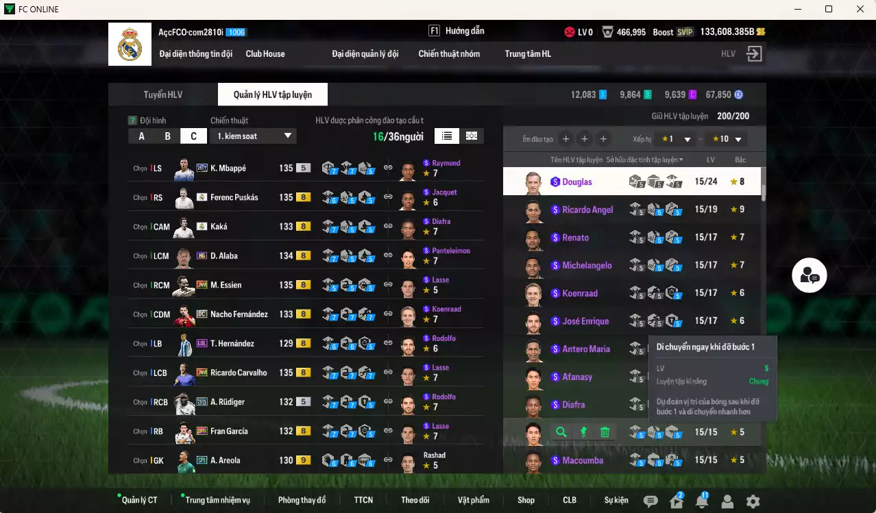 Ảnh [ACC Rẻ🔥] Real Madrid 570.410b dư 133.000b có Mbappé 25TS, Essien JNM, Puskás RMA, Rudiger 25TS, Kaká RMA, Carvalho JNM, Alaba HG, Areola SPL+9, Nacho DC, Courtois RMA... Gần full bảng đào tạo chiến thuật, dư 28.000TC, HLV Xịn