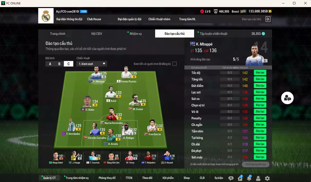 Ảnh [ACC Rẻ🔥] Real Madrid 570.410b dư 133.000b có Mbappé 25TS, Essien JNM, Puskás RMA, Rudiger 25TS, Kaká RMA, Carvalho JNM, Alaba HG, Areola SPL+9, Nacho DC, Courtois RMA... Gần full bảng đào tạo chiến thuật, dư 28.000TC, HLV Xịn