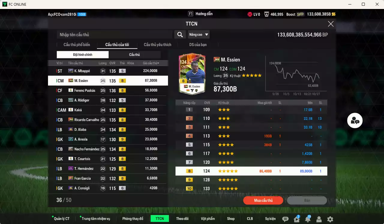 Ảnh [ACC Rẻ🔥] Real Madrid 570.410b dư 133.000b có Mbappé 25TS, Essien JNM, Puskás RMA, Rudiger 25TS, Kaká RMA, Carvalho JNM, Alaba HG, Areola SPL+9, Nacho DC, Courtois RMA... Gần full bảng đào tạo chiến thuật, dư 28.000TC, HLV Xịn