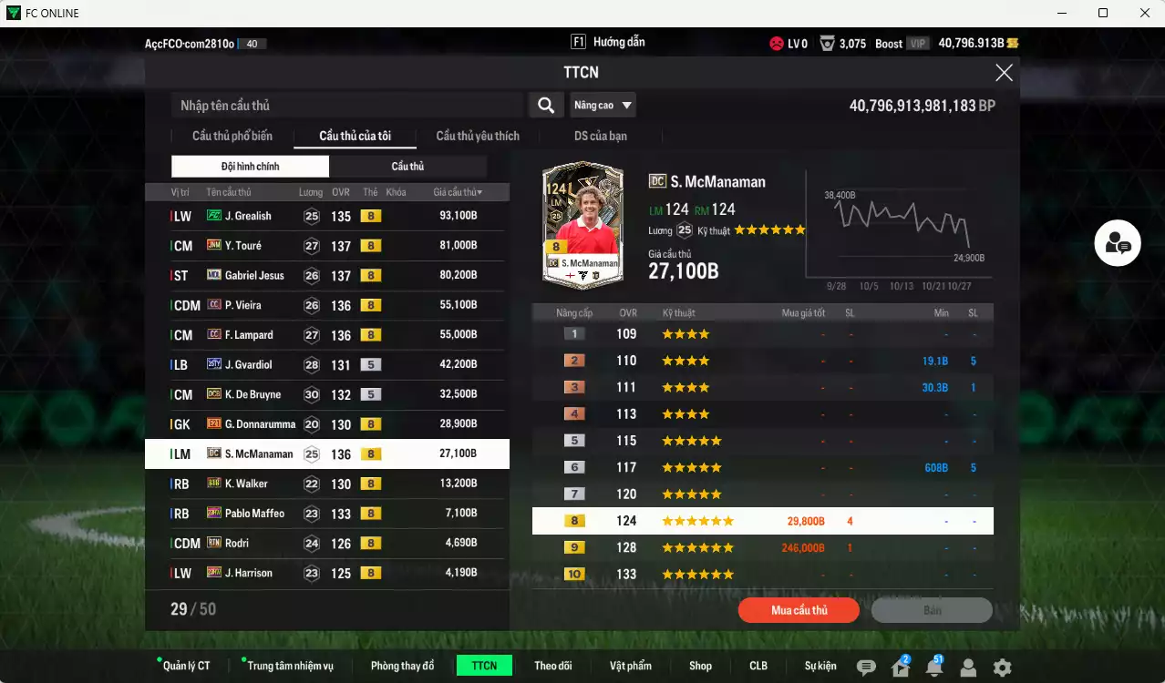 Ảnh [ACC Rẻ🔥] Man City 524.280b dư 39.000b có Grealish FC, Touré JNM, Jesus MDL, Vieira CC, Lampard CC, Gvardiol 25TY, De Bruyne DCB, McManaman DC, Walker BTB, Rodri RTN...