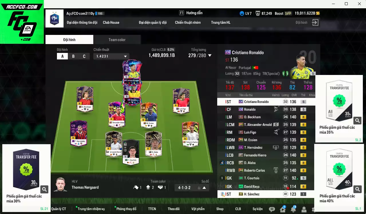 [Tặng 200FC vs 200MC] Real Madrid 1.489.890b dư 19.000b có Ronaldo CH, Beckham CC, CR7 CH, Hierro DC, Alaba DC, Carlos JNM, Arnold 23HW, Essien JNM, Figo CC... Còn nhiều CP GIẢM THUẾ, đã đào tạo full chỉ số nhiều cầu thủ