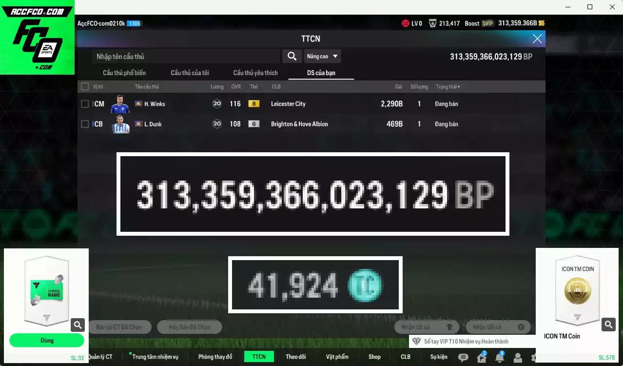 ACC 313359b trắng, có thẻ đổi tên, còn CP GIẢM THUẾ. Dư 41.000TC, HLV Xịn