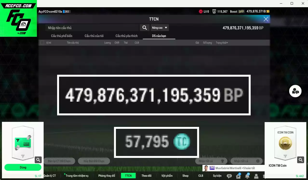 ACC 479876b trắng, có thẻ đổi tên. Dư 57.000TC, HLV Xịn