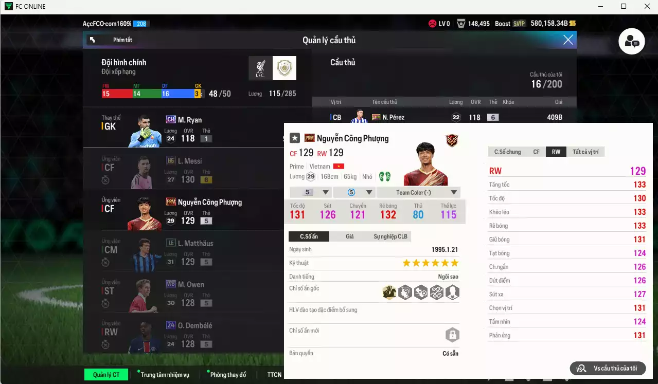 Ảnh ACC 580158b trắng vs Công Phượng PRM+5, có thẻ đổi tên. Dư 59.000TC