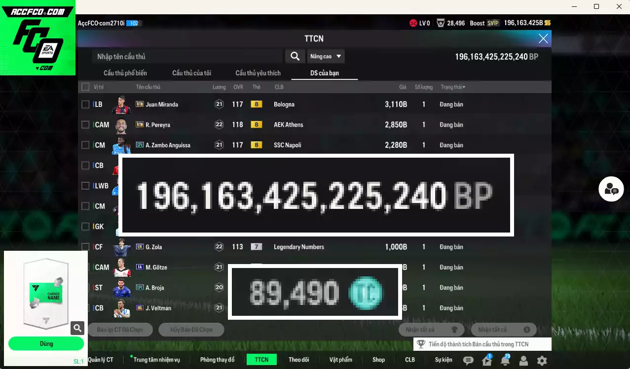 ACC 196163b trắng, có thẻ đổi tên. Dư 89.000TC