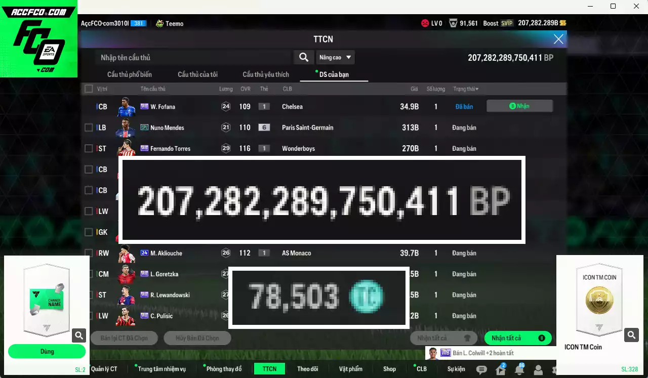 ACC 207170b trắng, có thẻ đổi tên, còn nhiều SVIP. Dư 78.000TC, HLV Xịn