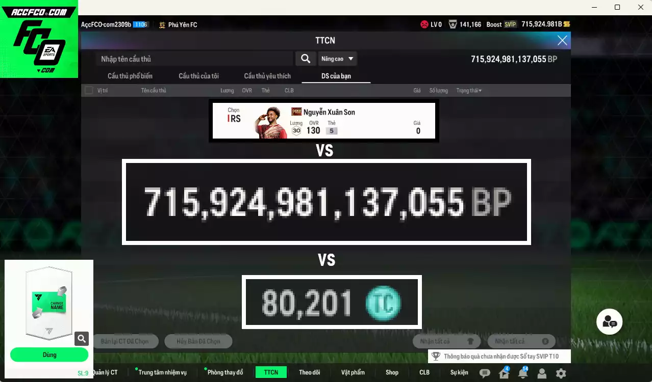 [ACC Rẻ🔥] ACC 715924b trắng vs Xuân Son PRM+5 có thẻ đổi tên, còn CP GIẢM THUẾ. Dư 80.000TC, HLV Xịn