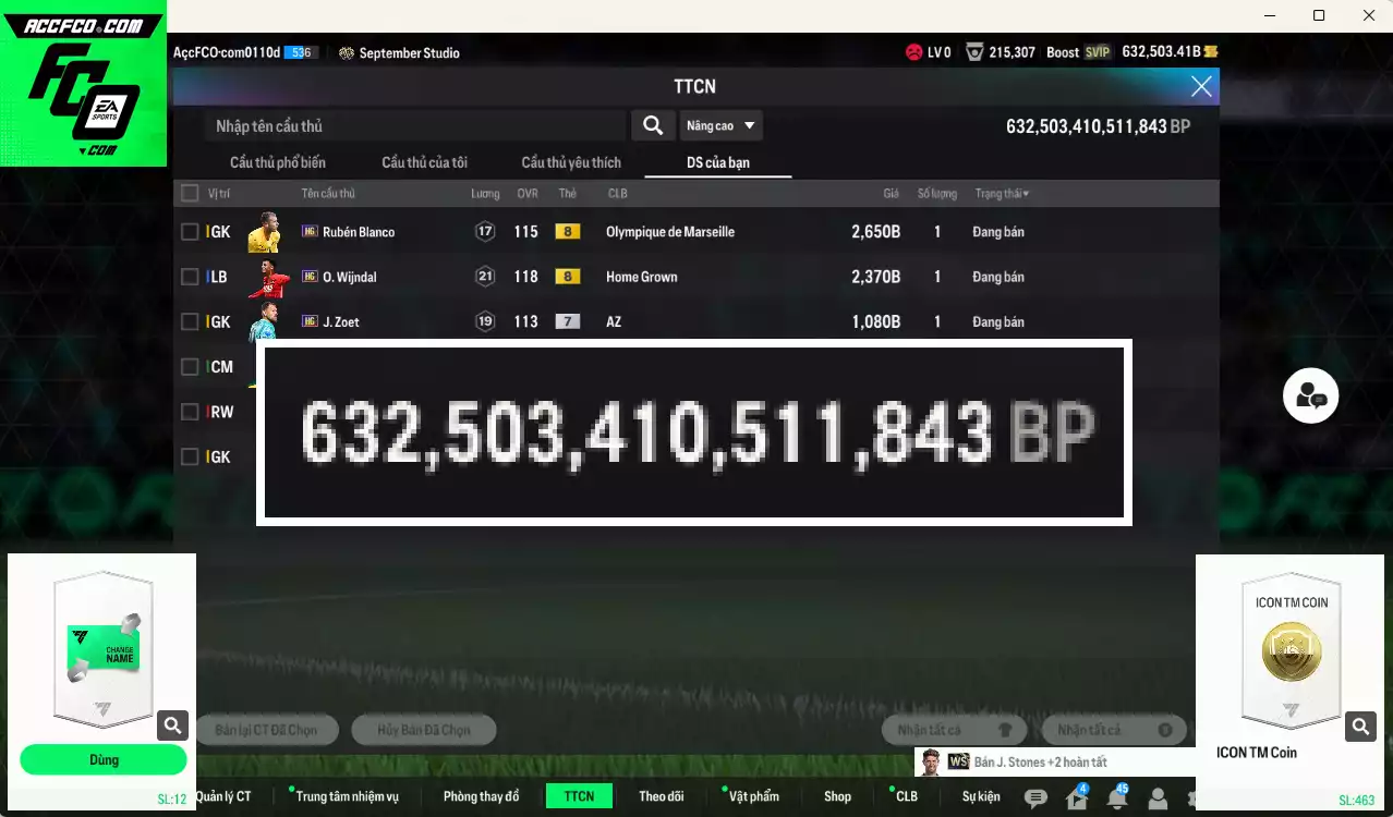 ACC 632503b trắng, có thẻ đổi tên. Đã full hơn nữa bảng đào tạo chiến thuật, HLV Xịn