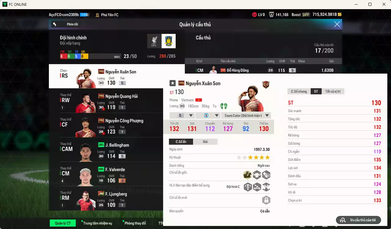 Ảnh [ACC Rẻ🔥] ACC 715924b trắng vs Xuân Son PRM+5 có thẻ đổi tên, còn CP GIẢM THUẾ. Dư 80.000TC, HLV Xịn