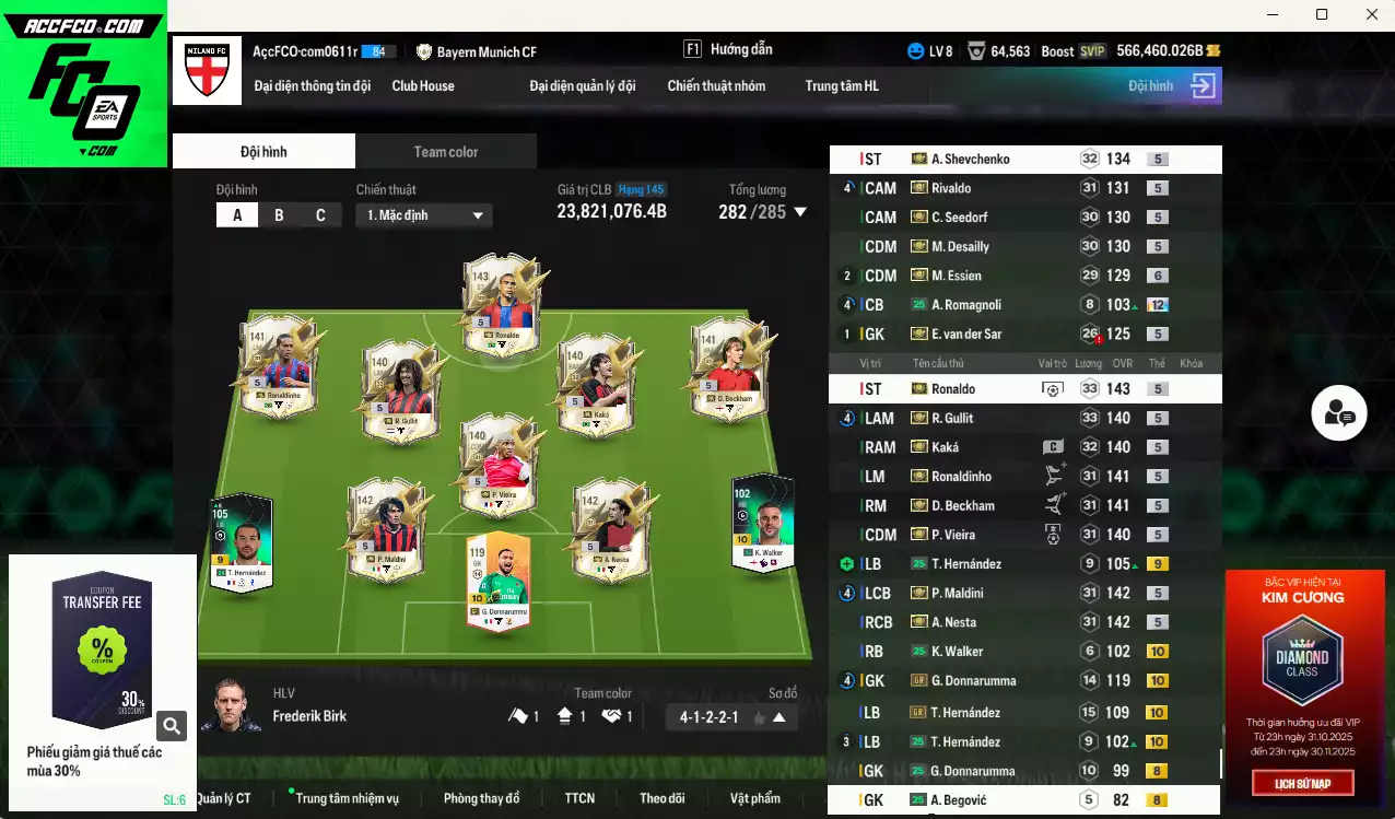 [Hạng 145, Tặng 1600FC] AC Milan full ITM 23.821.070b dư 566kb có Ronaldo ITM+5, Gullit ITM+5, Sheva ITM+5, Kaká ITM+5, Beckham ITM+5, Maldini ITM+5(fix BP), Ronaldinho ITM+5, Nesta ITM+5, Essien ITM+6, Vieira ITM+5, Seedorf ITM+5, Rivaldo ITM+5, Desailly ITM+5(fix BP)... Đã đào tạo full chỉ số cầu thủ, HLV Xịn, VIP KC Tháng 11 và 12