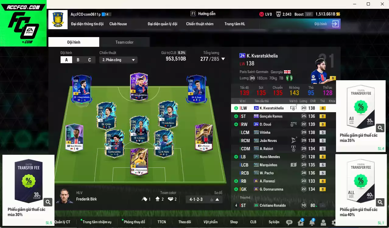 Paris Saint Germain (PSG) 953.510b có Doué 24UCL, Kvaratskhelia 24UCL, Goncalo Ramos WB+8, João Neves 25TS, Vitinha 25TS, Pacho 25TS, Donnarumma HG, Rabiot 25TS, Marqinhos 25TS... Còn nhiều CP GIẢM THUẾ
