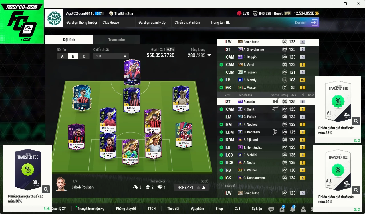 AC Milan 550.990b có Ronaldo WB, Nedved LN, Maldini LN, Rijkaard HG, Pulisic 25TS, Gullit LN, Beckham LN, Nesta HG... HLV Xịn, đã đào tạo chỉ số nhiều cầu thủ