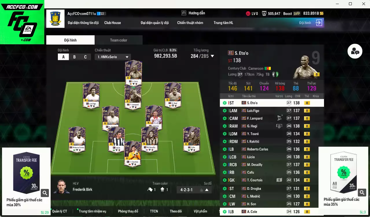 Full mùa CC+8 982.290b có Eto, Lúcio, Modric, Figo, Desailly, Drogba, Hagi, Lampard, Cafu, Carlos, Rakitic, Courtois, Touré, H. Son... CC+8. HLV Xịn, đã đào tạo chỉ số nhiều cầu thủ