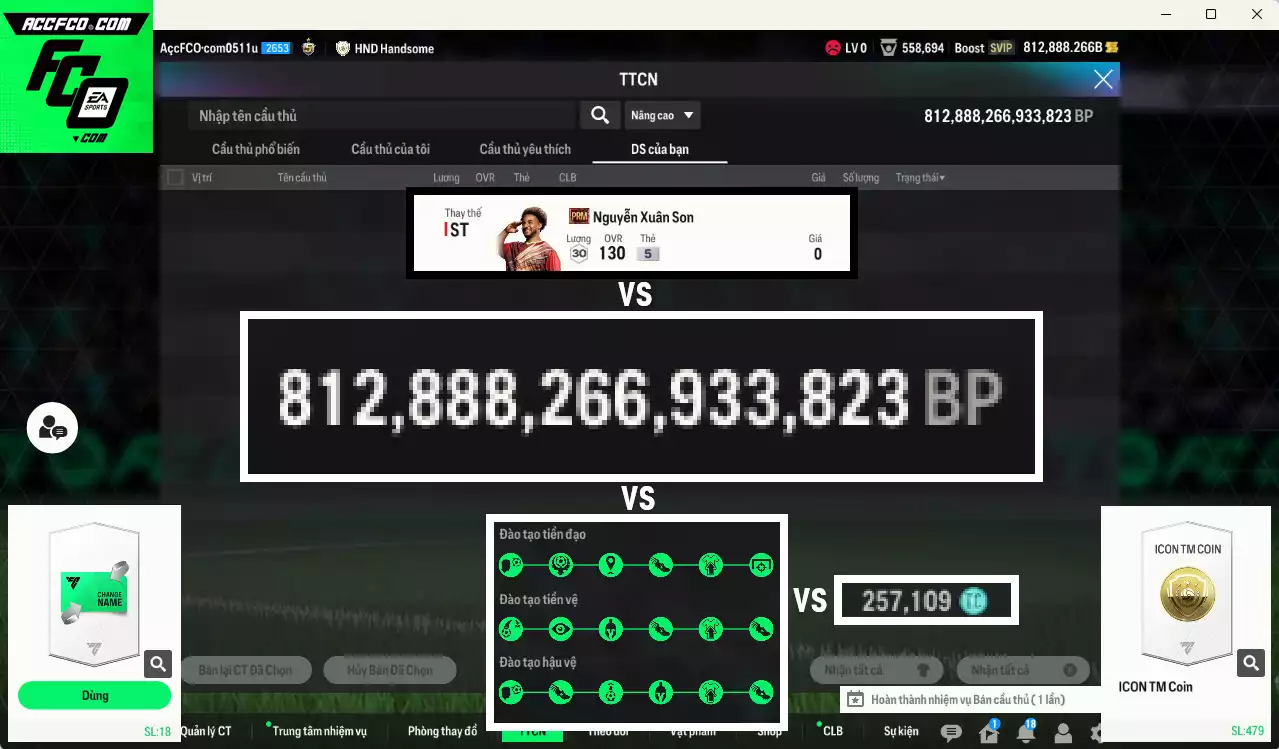 [Siêu hiếm🔥] ACC 812888b trắng vs Xuân Son PRM+5  có thẻ đổi tên, còn nhiều CP GIẢM THUẾ, SVIP. HLV Xịn, Đã full bảng đào tạo chiến thuật, dư 257.000TC