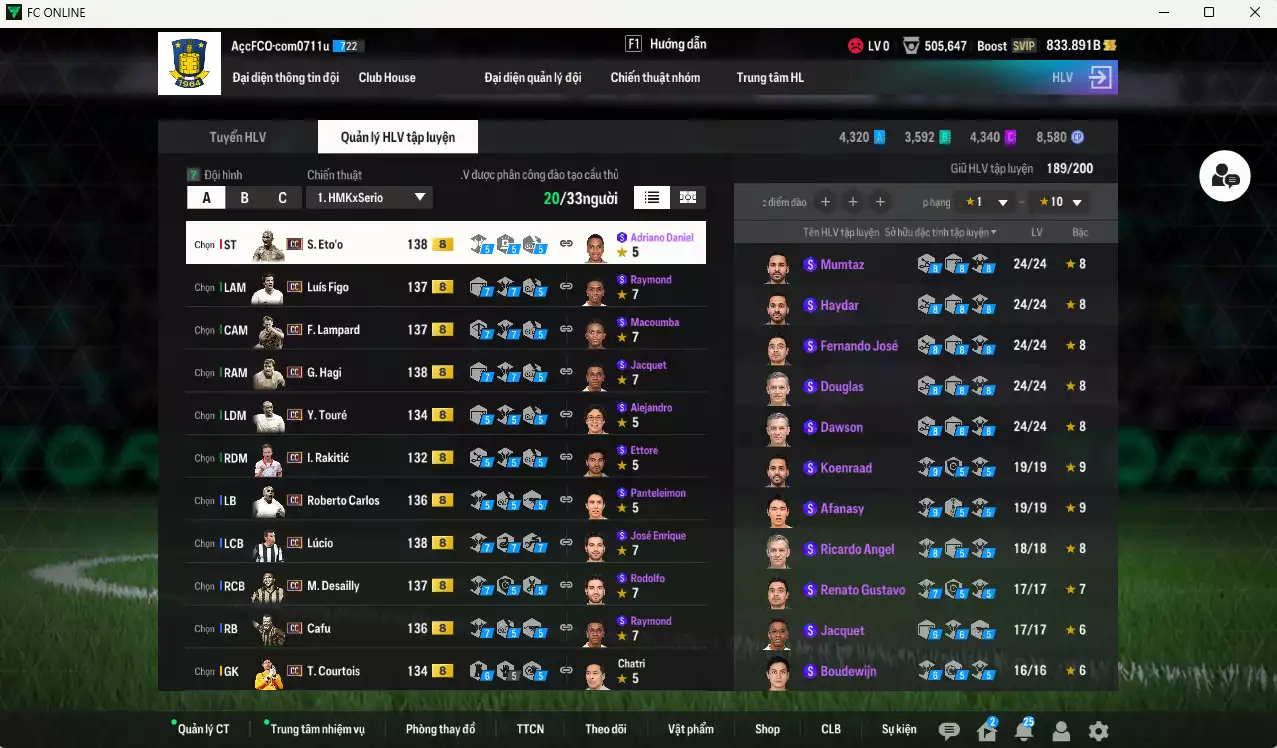 Ảnh Full mùa CC+8 982.290b có Eto, Lúcio, Modric, Figo, Desailly, Drogba, Hagi, Lampard, Cafu, Carlos, Rakitic, Courtois, Touré, H. Son... CC+8. HLV Xịn, đã đào tạo chỉ số nhiều cầu thủ