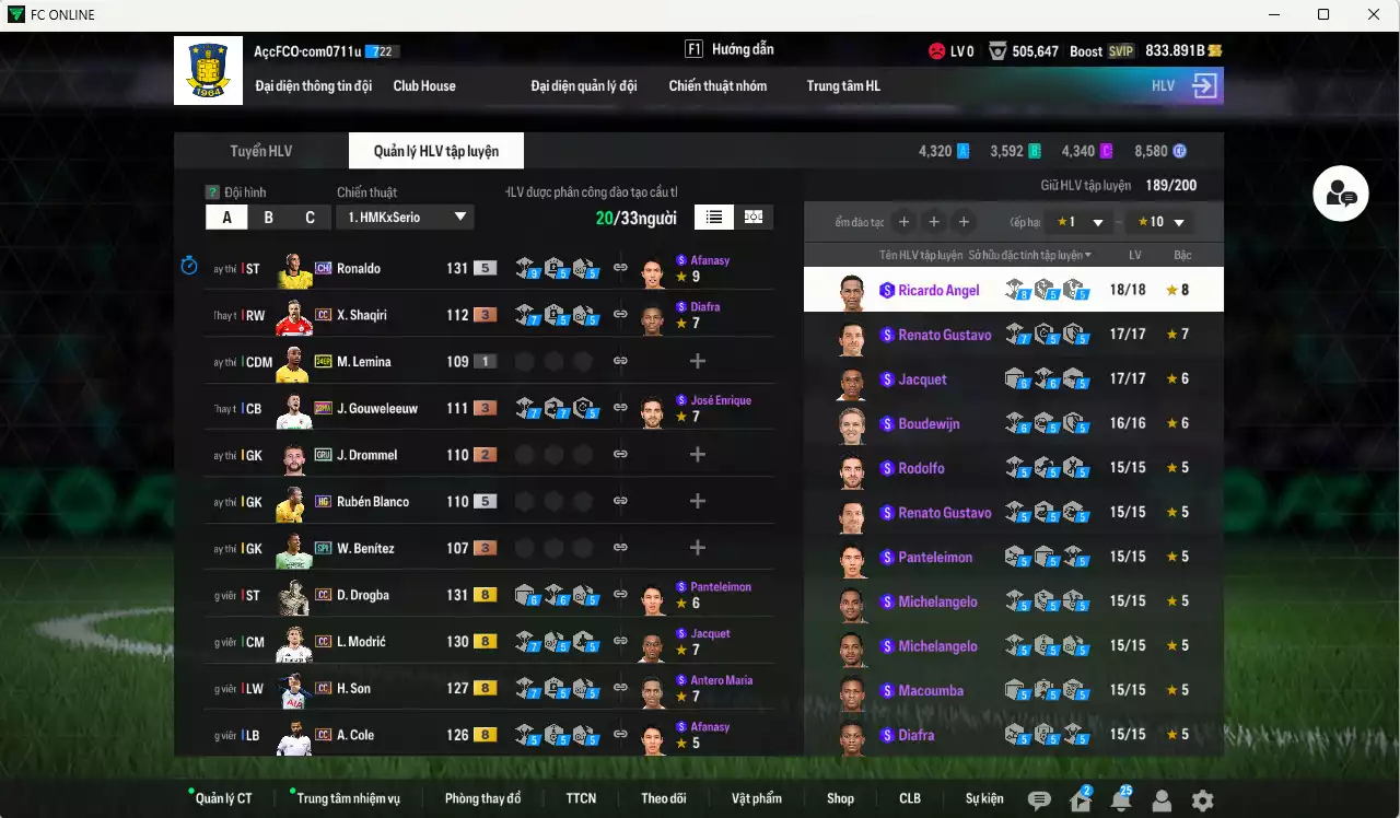 Ảnh Full mùa CC+8 982.290b có Eto, Lúcio, Modric, Figo, Desailly, Drogba, Hagi, Lampard, Cafu, Carlos, Rakitic, Courtois, Touré, H. Son... CC+8. HLV Xịn, đã đào tạo chỉ số nhiều cầu thủ