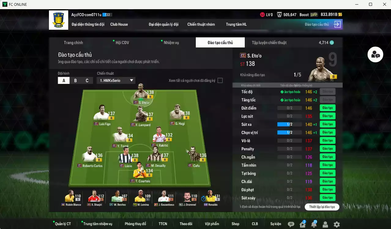 Ảnh Full mùa CC+8 982.290b có Eto, Lúcio, Modric, Figo, Desailly, Drogba, Hagi, Lampard, Cafu, Carlos, Rakitic, Courtois, Touré, H. Son... CC+8. HLV Xịn, đã đào tạo chỉ số nhiều cầu thủ