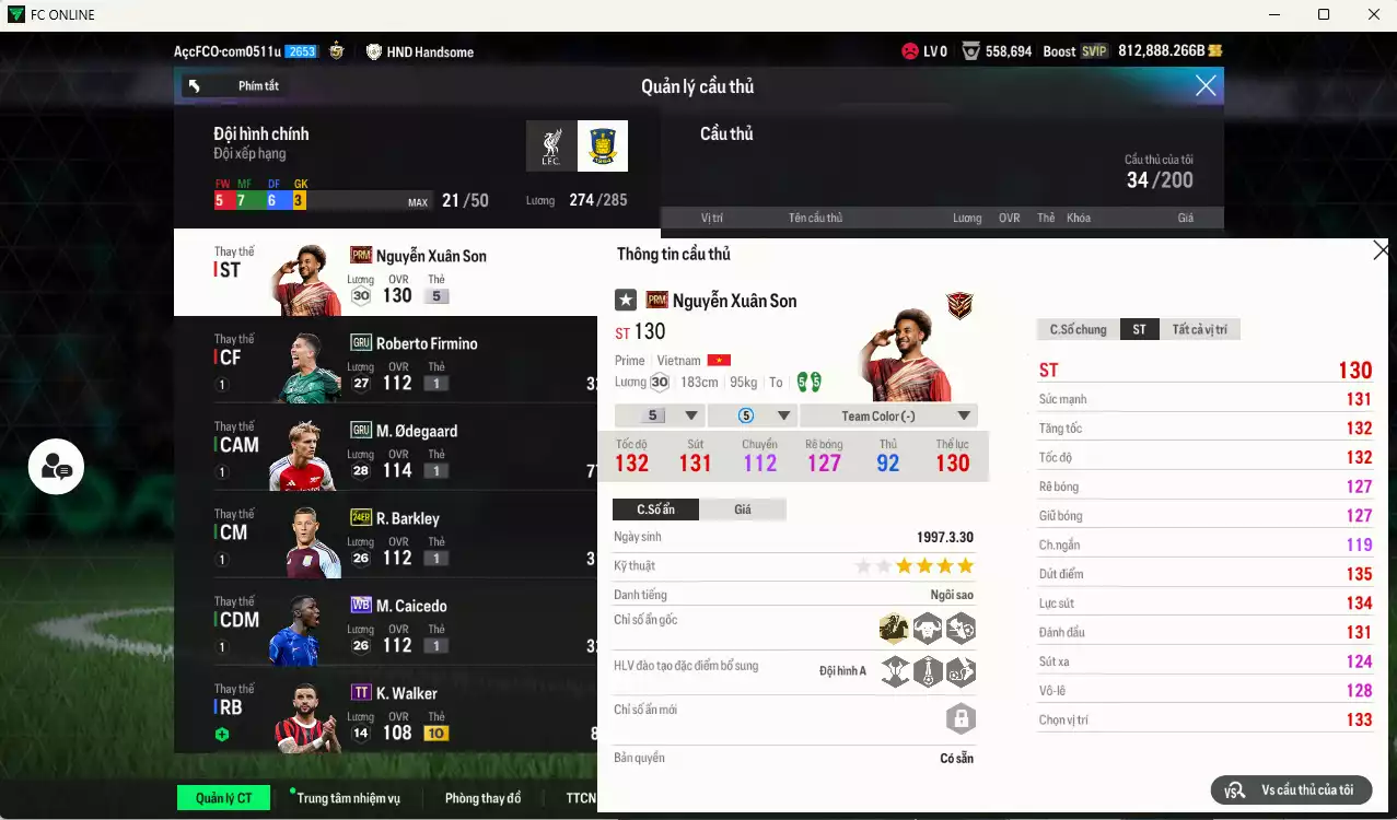 Ảnh [Siêu hiếm🔥] ACC 812888b trắng vs Xuân Son PRM+5  có thẻ đổi tên, còn nhiều CP GIẢM THUẾ, SVIP. HLV Xịn, Đã full bảng đào tạo chiến thuật, dư 257.000TC