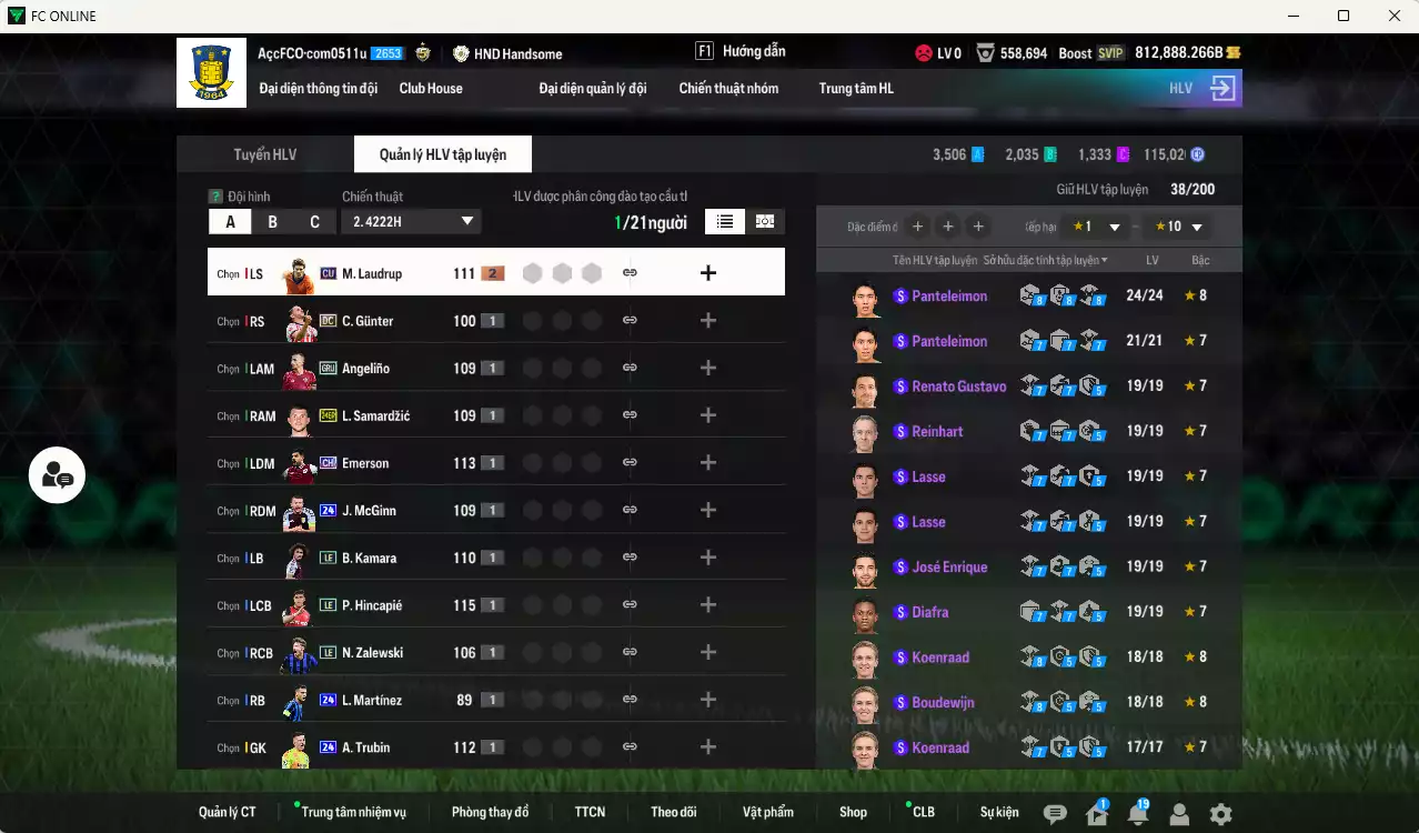 Ảnh [Siêu hiếm🔥] ACC 812888b trắng vs Xuân Son PRM+5  có thẻ đổi tên, còn nhiều CP GIẢM THUẾ, SVIP. HLV Xịn, Đã full bảng đào tạo chiến thuật, dư 257.000TC