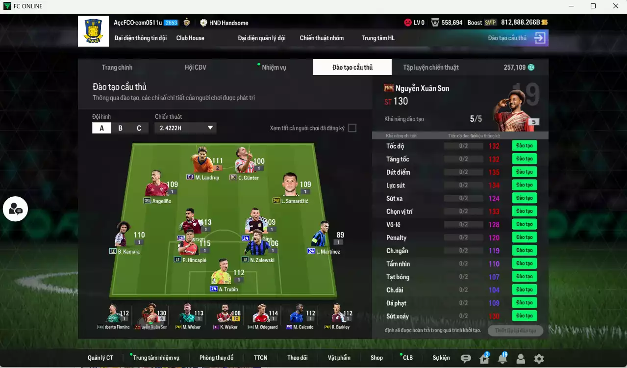 Ảnh [Siêu hiếm🔥] ACC 812888b trắng vs Xuân Son PRM+5  có thẻ đổi tên, còn nhiều CP GIẢM THUẾ, SVIP. HLV Xịn, Đã full bảng đào tạo chiến thuật, dư 257.000TC