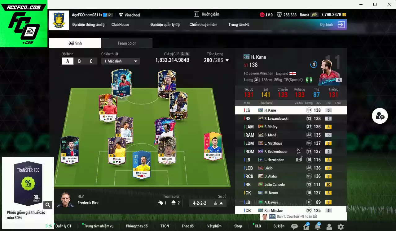 Bayern Munich 1.832.210b có Matthaus DC, Lewandowski WS, Kane 25TS, Mané WS, Beckenbauer CH, Lúcio CC, Ribéry JNM, Alaba DC, Kim Min Jae 25TS... HLV Xịn, dư 60.000TC