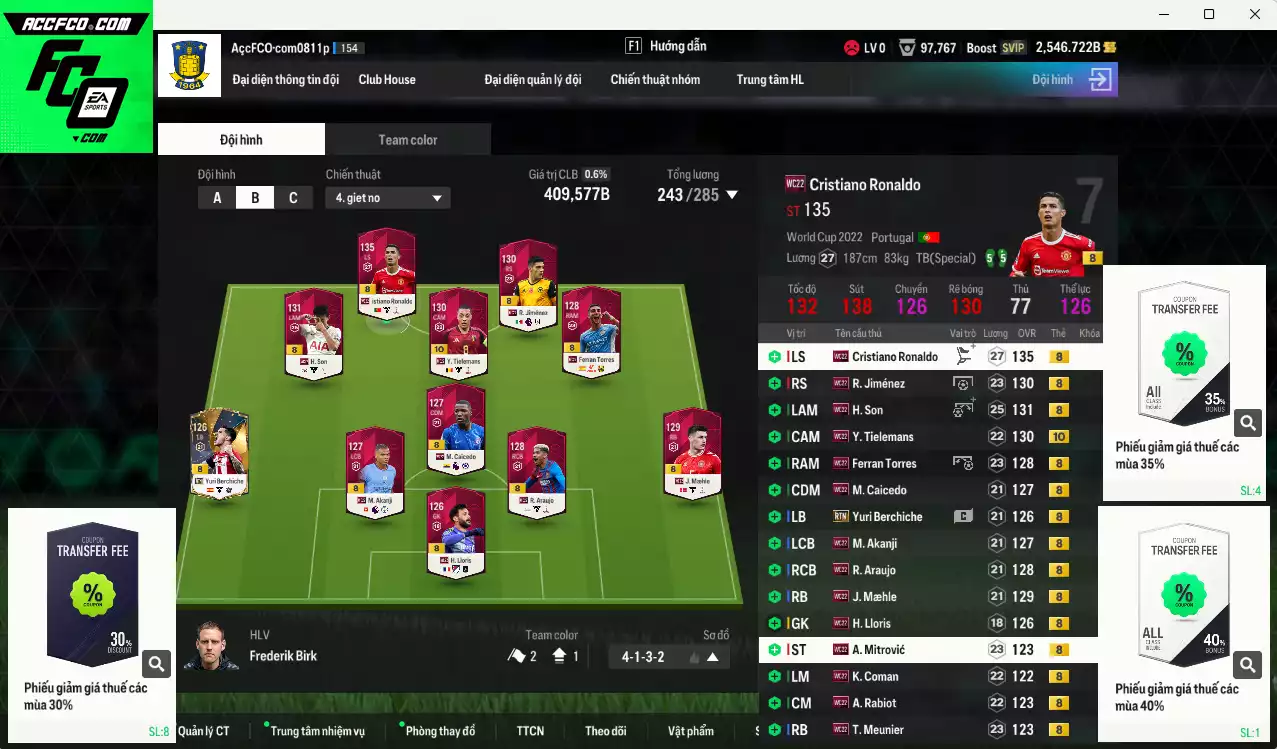 [Độc lạ] Full mùa WC22+8 409.570b có CR7, H. Son, Tielemans+10, Jiménez, Maele, Araujo, Ferran Torres, Caicedo, Akanji, Lloris, Mitrovic, Rabiot, Meunier, Coman... Còn nhiều CP GIẢM THUẾ