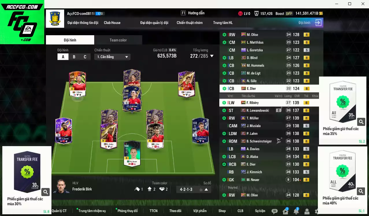 Bayern Munich 625.570b dư 141kb có Ribéry JNM, Musiala 24TY, Schweinsteiger CC, Muller HG, Lahm CC, Alaba HG, Olise 23HW, Lewandowski CC... Còn nhiều CP GIẢM THUẾ