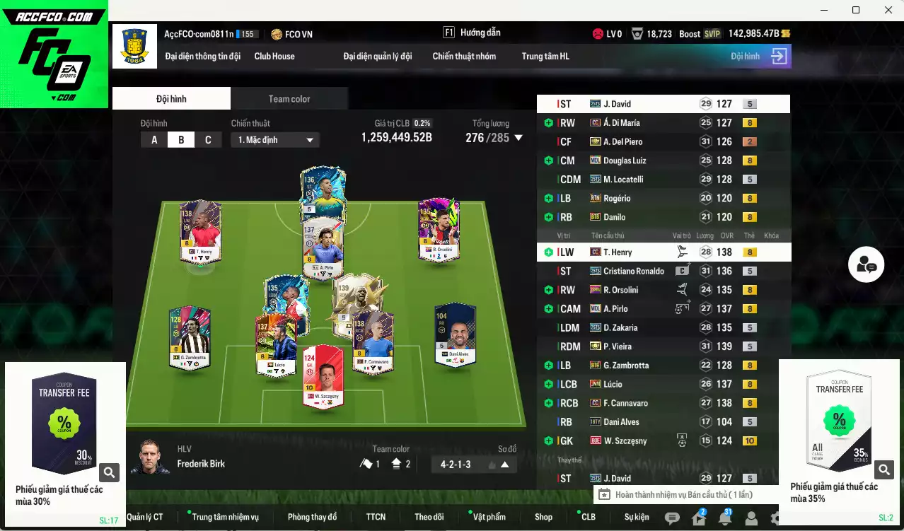 [Tặng 2000FC] Juventus 1.259.440b dư 142kb có Vieira ITM+5, Henry CC, Cannavaro CC, Pirlo CC, Lúcio JNM, CR7 25TS, Szczesny BOE+10, Del Piero ITM, Locatelli 25TS, Douglas Luiz MDL, Zakaria 25TS, J. David 25TS... Dư 95.000TC, HLV Xịn