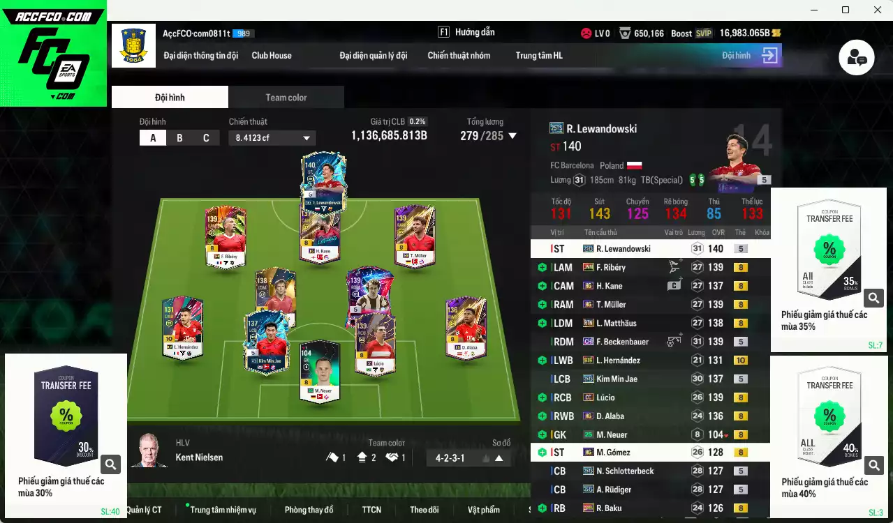 Bayern Munich 1.136.680b có Lewandowski 25TS, Beckenbauer CH, Ribéry JNM, Lúcio CC, Matthaus RTN, Kim Min Jae 25TS, Kane HG, Muller HG, Rudiger 25TS, Alaba HG... Còn nhiều CP GIẢM THUẾ, gần full đào tạo chiến thuật, đào tạo full chỉ số nhiều CT, HLV Xịn