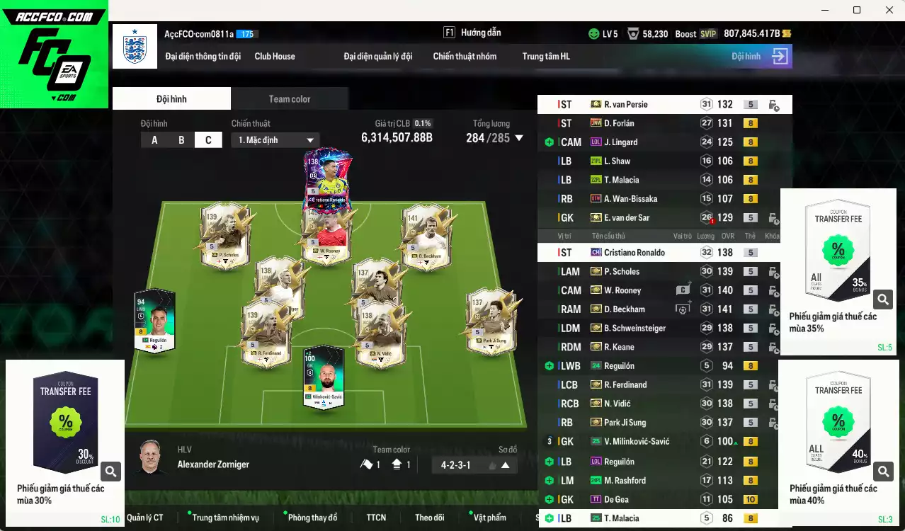 [Dư nhiều BP] Man Utd. ITM 6.314.500b dư 800kb có Beckham, Rooney, Van Persie, Ferdinand, Vidic, Schweinsteiger, Scholes, Keane, Park, VDS... ITM+5 vs CR7 CH, Forlan JNM. Đã đào tạo full chỉ số nhiều CT, nữa bảng chiến thuật, HLV Xịn