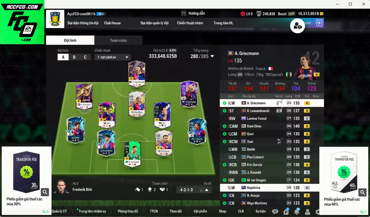 Barcelona 333.640b dư 16kb có Olmo MDL, Koundé 25TS, Pau Cubarsí 25TS, Eric García MDL, Balde 25TS, Lewandowski CC, Raphinha 24TY, Xavi LN... HLV Xịn, đào tạo gần full bảng chiến thuật