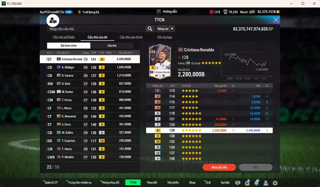 Ảnh [TOP NẠP🔥,Hạng 784] Real Madrid 10.080.650b dư 82kb có CR7 CC+8, Rudiger 23UCL, Varane DC, Bale BDO, Essien ITM+8, Kroos DC, Messi CC, Benzema DC, Eto JNM... Team phụ CC+8 . HLV Xịn, Đã đào tạo full chỉ số toàn bộ cầu thủ, VIP KC Tháng 11