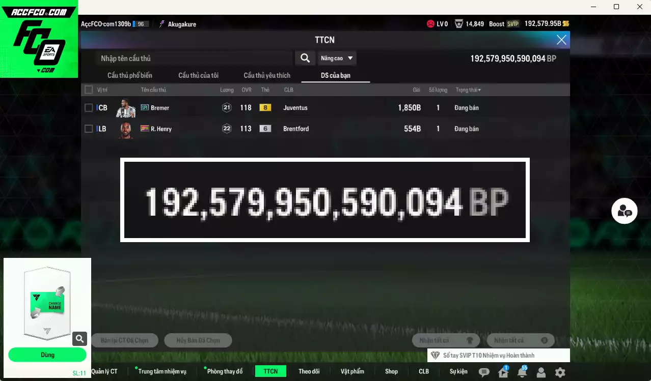 ACC 192579b trắng, có thẻ đổi tên