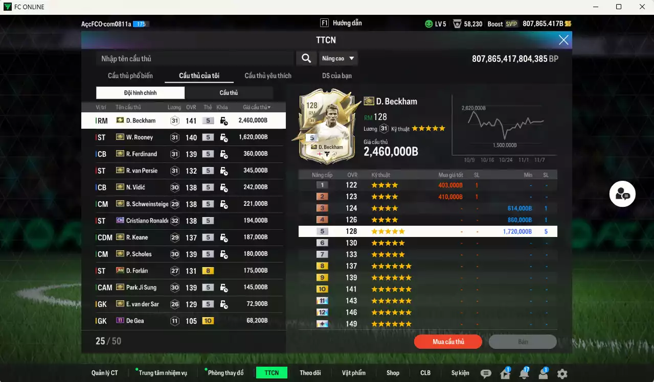 Ảnh [Dư nhiều BP] Man Utd. ITM 6.314.500b dư 800kb có Beckham, Rooney, Van Persie, Ferdinand, Vidic, Schweinsteiger, Scholes, Keane, Park, VDS... ITM+5 vs CR7 CH, Forlan JNM. Đã đào tạo full chỉ số nhiều CT, nữa bảng chiến thuật, HLV Xịn