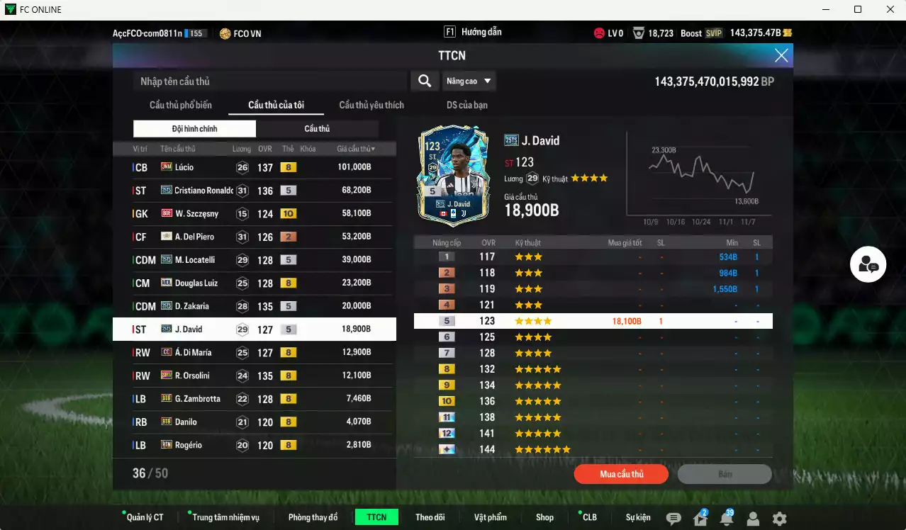 Ảnh [Tặng 2000FC] Juventus 1.259.440b dư 142kb có Vieira ITM+5, Henry CC, Cannavaro CC, Pirlo CC, Lúcio JNM, CR7 25TS, Szczesny BOE+10, Del Piero ITM, Locatelli 25TS, Douglas Luiz MDL, Zakaria 25TS, J. David 25TS... Dư 95.000TC, HLV Xịn