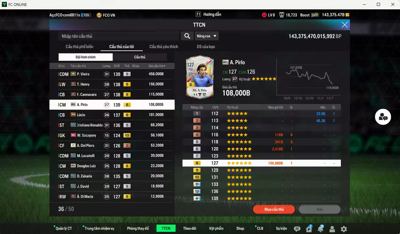 Ảnh [Tặng 2000FC] Juventus 1.259.440b dư 142kb có Vieira ITM+5, Henry CC, Cannavaro CC, Pirlo CC, Lúcio JNM, CR7 25TS, Szczesny BOE+10, Del Piero ITM, Locatelli 25TS, Douglas Luiz MDL, Zakaria 25TS, J. David 25TS... Dư 95.000TC, HLV Xịn