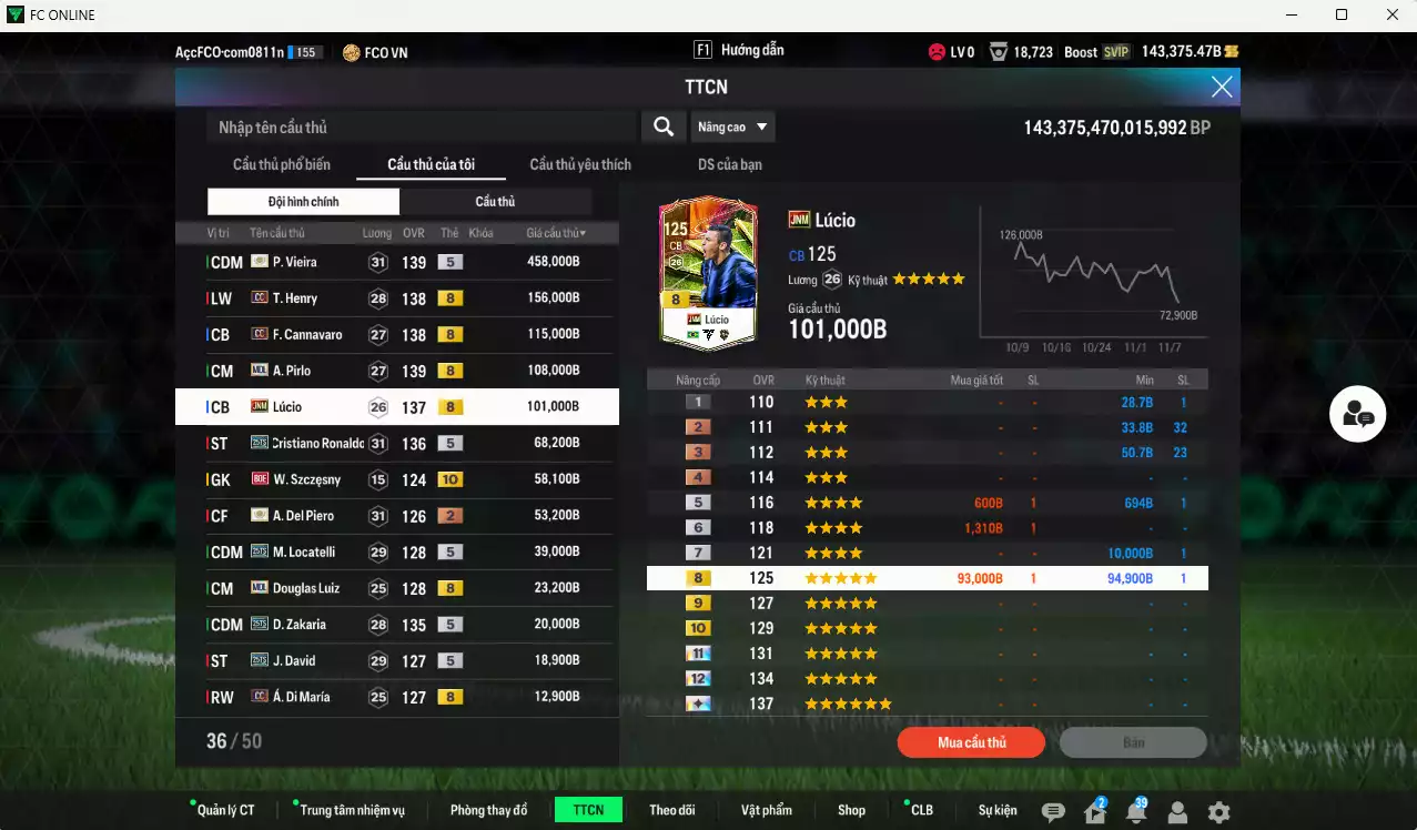 Ảnh [Tặng 2000FC] Juventus 1.259.440b dư 142kb có Vieira ITM+5, Henry CC, Cannavaro CC, Pirlo CC, Lúcio JNM, CR7 25TS, Szczesny BOE+10, Del Piero ITM, Locatelli 25TS, Douglas Luiz MDL, Zakaria 25TS, J. David 25TS... Dư 95.000TC, HLV Xịn