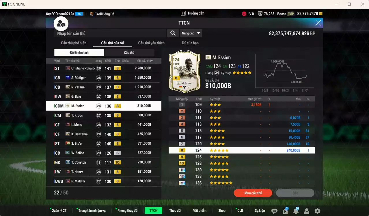 Ảnh [TOP NẠP🔥,Hạng 784] Real Madrid 10.080.650b dư 82kb có CR7 CC+8, Rudiger 23UCL, Varane DC, Bale BDO, Essien ITM+8, Kroos DC, Messi CC, Benzema DC, Eto JNM... Team phụ CC+8 . HLV Xịn, Đã đào tạo full chỉ số toàn bộ cầu thủ, VIP KC Tháng 11