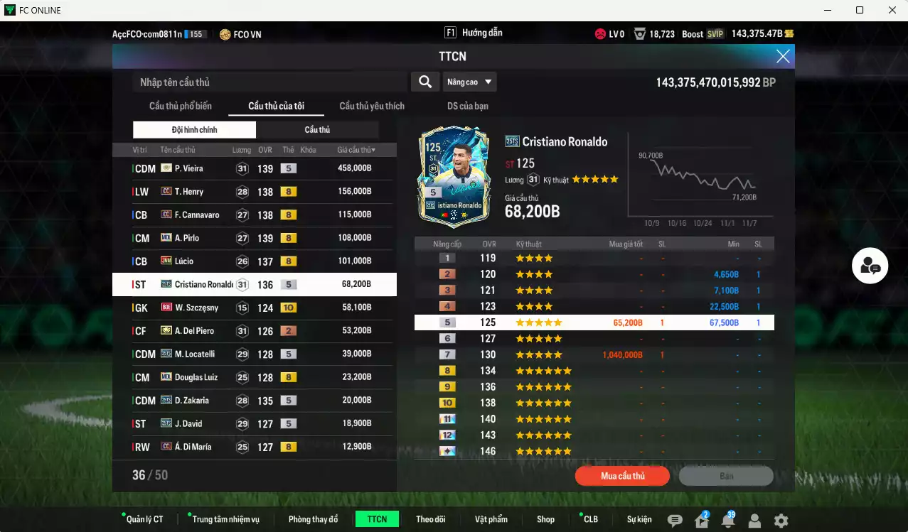 Ảnh [Tặng 2000FC] Juventus 1.259.440b dư 142kb có Vieira ITM+5, Henry CC, Cannavaro CC, Pirlo CC, Lúcio JNM, CR7 25TS, Szczesny BOE+10, Del Piero ITM, Locatelli 25TS, Douglas Luiz MDL, Zakaria 25TS, J. David 25TS... Dư 95.000TC, HLV Xịn