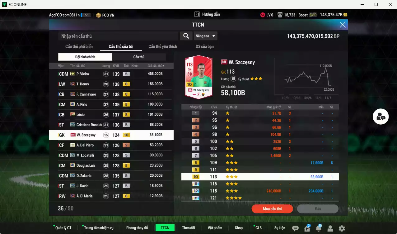 Ảnh [Tặng 2000FC] Juventus 1.259.440b dư 142kb có Vieira ITM+5, Henry CC, Cannavaro CC, Pirlo CC, Lúcio JNM, CR7 25TS, Szczesny BOE+10, Del Piero ITM, Locatelli 25TS, Douglas Luiz MDL, Zakaria 25TS, J. David 25TS... Dư 95.000TC, HLV Xịn