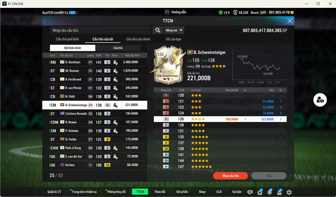 Ảnh [Dư nhiều BP] Man Utd. ITM 6.314.500b dư 800kb có Beckham, Rooney, Van Persie, Ferdinand, Vidic, Schweinsteiger, Scholes, Keane, Park, VDS... ITM+5 vs CR7 CH, Forlan JNM. Đã đào tạo full chỉ số nhiều CT, nữa bảng chiến thuật, HLV Xịn