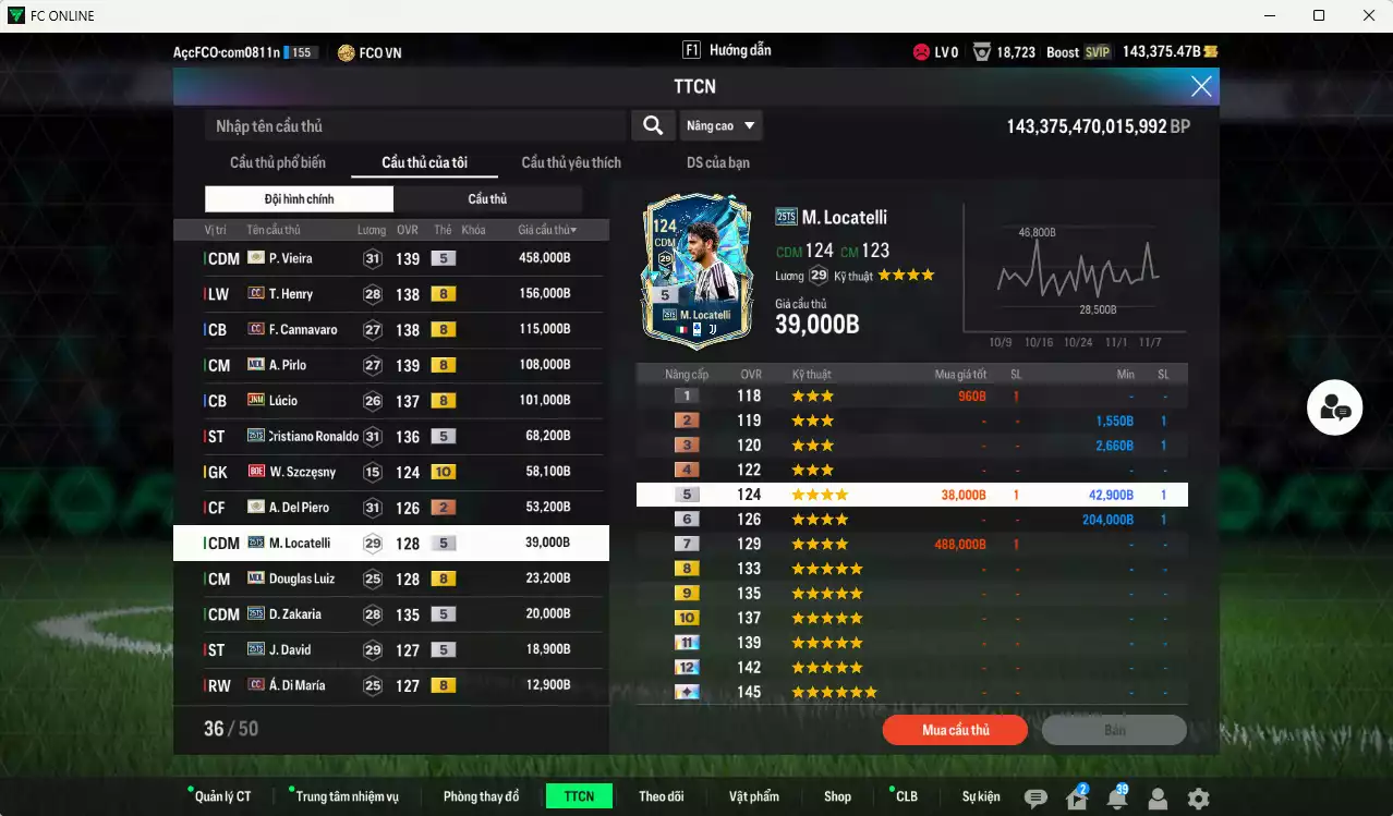 Ảnh [Tặng 2000FC] Juventus 1.259.440b dư 142kb có Vieira ITM+5, Henry CC, Cannavaro CC, Pirlo CC, Lúcio JNM, CR7 25TS, Szczesny BOE+10, Del Piero ITM, Locatelli 25TS, Douglas Luiz MDL, Zakaria 25TS, J. David 25TS... Dư 95.000TC, HLV Xịn