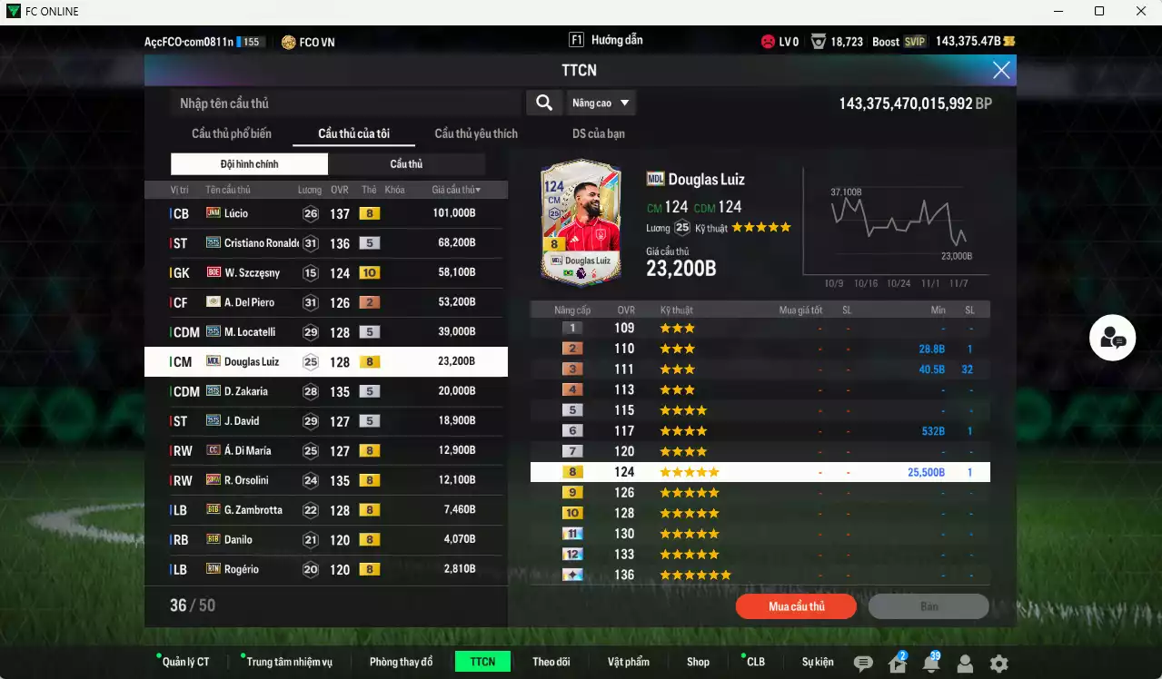 Ảnh [Tặng 2000FC] Juventus 1.259.440b dư 142kb có Vieira ITM+5, Henry CC, Cannavaro CC, Pirlo CC, Lúcio JNM, CR7 25TS, Szczesny BOE+10, Del Piero ITM, Locatelli 25TS, Douglas Luiz MDL, Zakaria 25TS, J. David 25TS... Dư 95.000TC, HLV Xịn