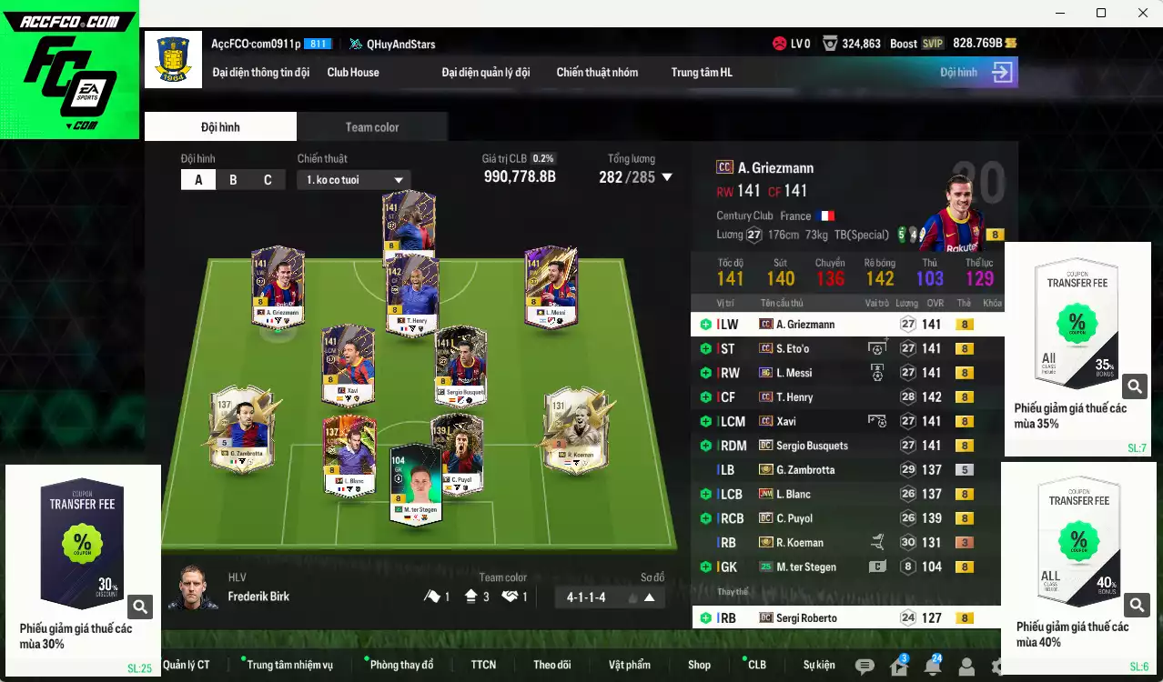 Barcelona 990.770b có Henry CC, Eto CC, Busquets DC, Xavi CC, Messi HG, Griezmann CC, Zambrotta ITM+5, Blanc JNM, Koeman ITM+3... Còn nhiều CP GIẢM THUẾ, HLV Xịn, đã đào tạo chỉ số nhiều CT