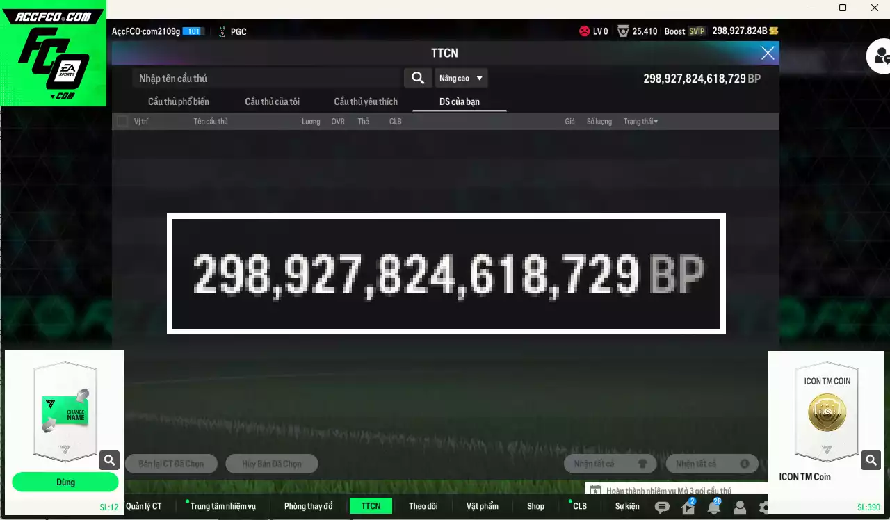 ACC 298927b trắng, có thẻ đổi tên, còn nhiều CP GIẢM THUẾ. Dư 58.000TC, HLV Xịn