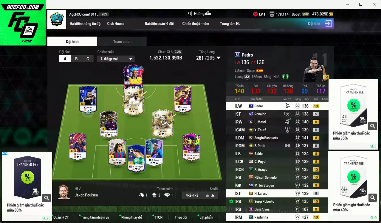Barcelona 1.522.130b có Ronaldo CH, Touré ITM+5, Petit ITM+5, Busquets DC, Araujo SPL+10, Raphinha SPL+10, Messi HG, Larsson ITM+5, Puyol MDL, Balde 21NG, Semedo 23HW+10, Pedri FA+10, Roberto BTB+10, Dani Alves TT+9(limit), Stegen 24EU. Còn nhiều CP GIẢM THUẾ, HLV Xịn, đã đào tạo chỉ số nhiều cầu thủ và nữa bảng chiến thuật